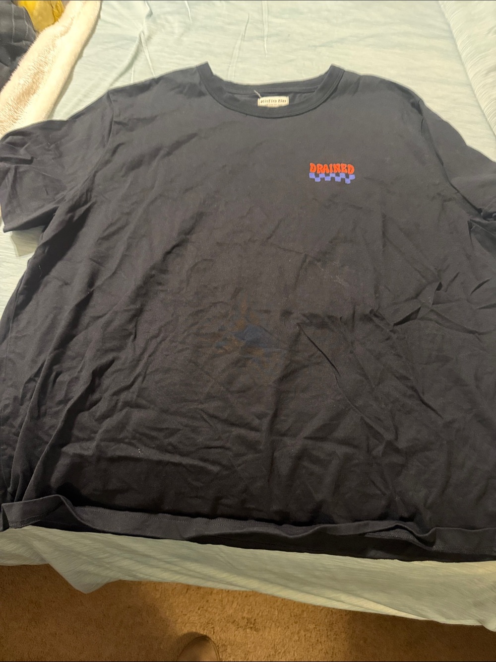 Graphic Tee with Small Chest Print and emotionally drained on back